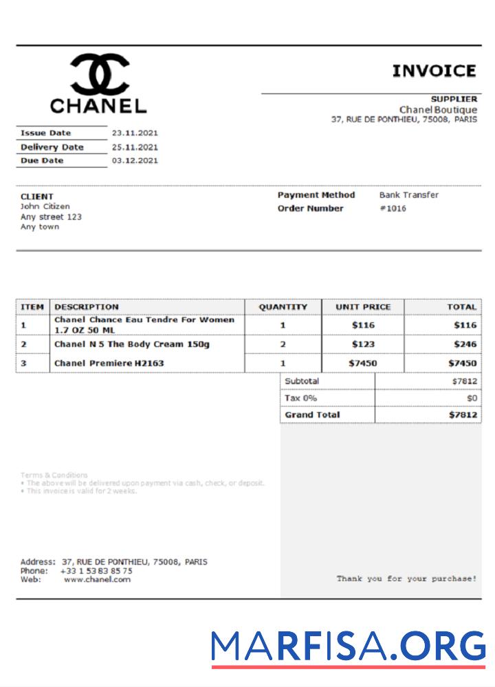 Downloadable USA Chanel invoice download for verification